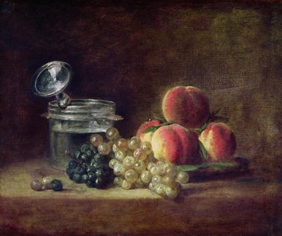 Still Life with a Basket of Peaches, White and Black Grapes with Cooler and Wineglass, c.1759 by Jean Baptiste Simeon Chardin